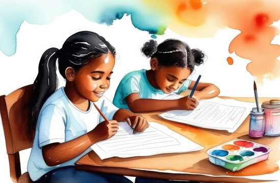 black girls drawing in album at table, watercolor illustration. creative hobby, doing homework