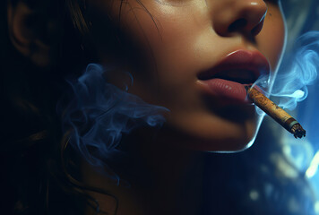 Fototapeta premium Close up picture of beautiful woman smoking in a dark room with back lighting.