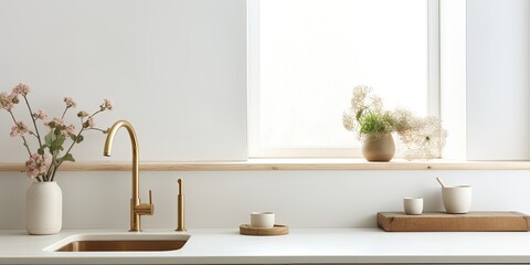 Fototapeta na wymiar Minimalist-style kitchen with a ceramic sink, brass faucet, cutting boards, kettle, and homemade flower on the surface - featuring a beautiful bright interior.