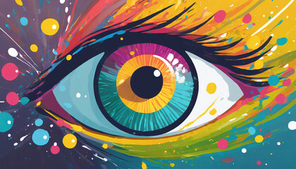 colorful eye with splashing color in flat 2d cartoon style