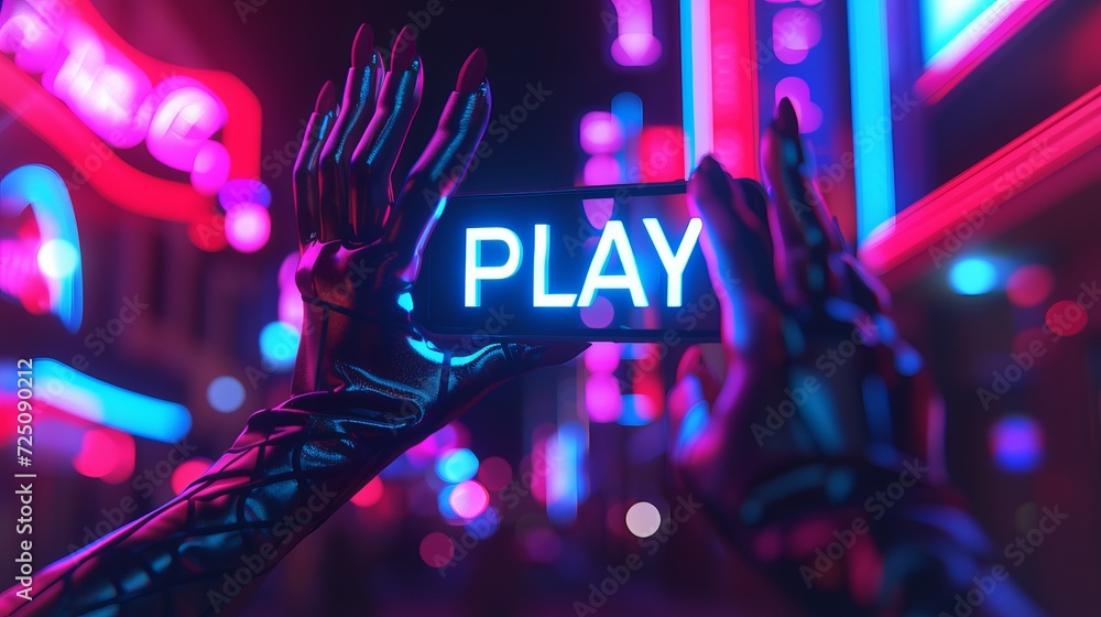 Poster holographic play text icon over mobile phone creating interactive display held in hands.