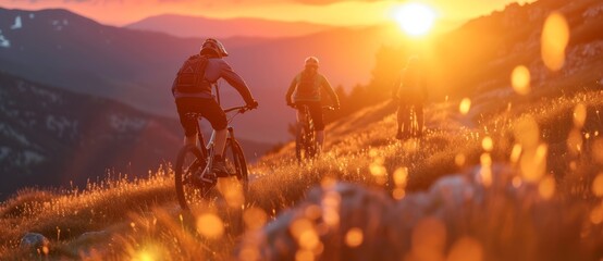 As the sun sets over the mountains, a group of adventurous individuals ride their bicycles up a hill, basking in the beauty of the outdoor sky - obrazy, fototapety, plakaty
