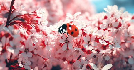 Close up macro shot of lady bug in spring. Amazing colors of nature.