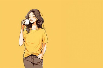 Fototapeta premium Sunny Sip: Relaxed Young Woman in Yellow-Orange, Enjoying Coffee on a Yellow-orange Canvas with copyspace
