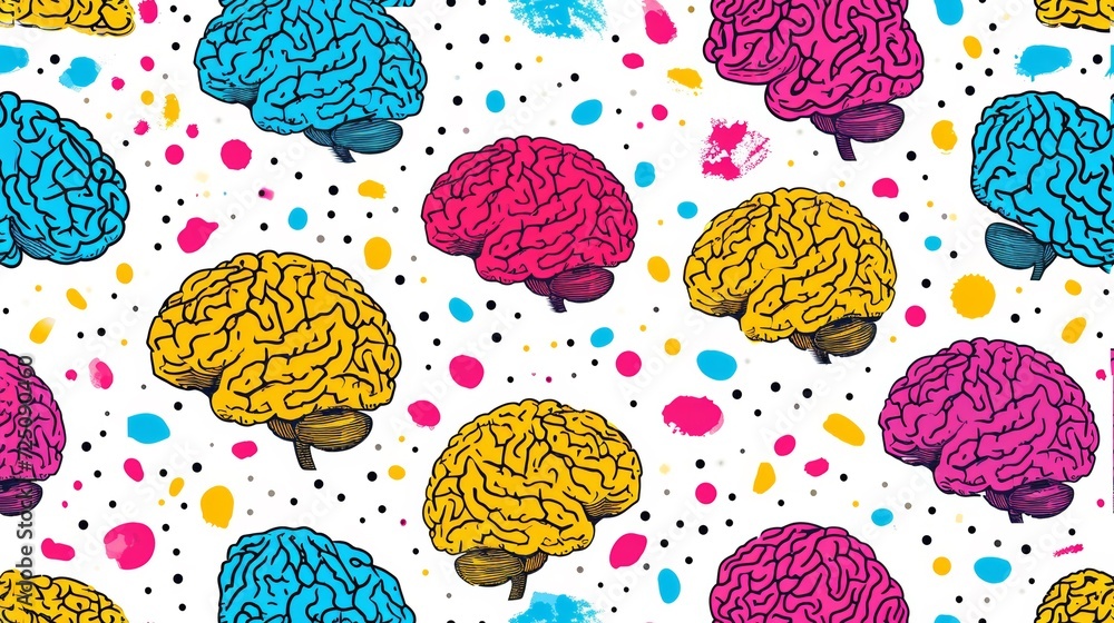 Poster a pattern of colorful brain patterns on a white background, ai