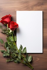 vertical mockup white blank paper sheet with red roses top view on wooden background