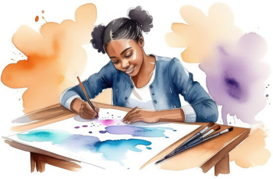 black girl drawing in album at table, watercolor illustration. creative hobby, doing homework