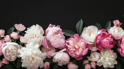 White flowers and pink peonies isolated on a dark background.