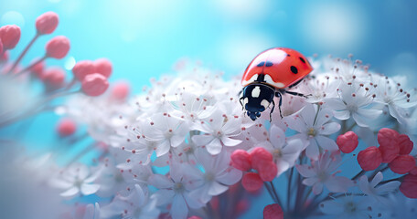 Close up macro shot of lady bug in spring. Amazing colors of nature.