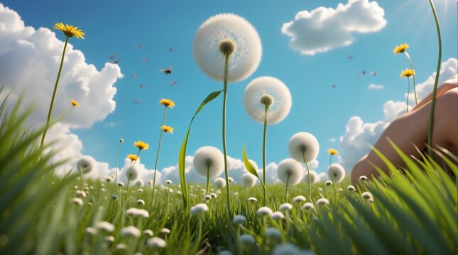 Beautiful Spring background with flowers and dandelions, close up view on meadow