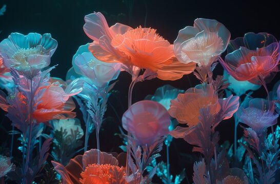 Vibrant coelenterates dance among delicate flowers, evoking a surreal underwater garden in this stunning aquarium image
