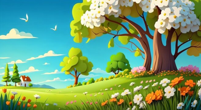 Landscape illustration green and blooming trees at beautiful meadow, small house and blue sky with silhouette birds background