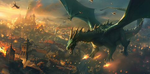 A dragon flying over the city - obrazy, fototapety, plakaty