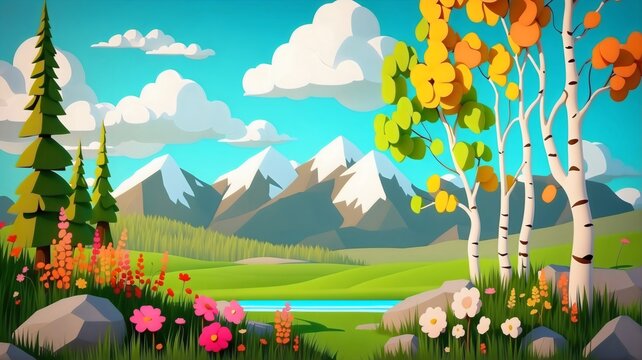 Beautiful spring landscape with flowers, trees and snowy mountains , cartoon illustration background