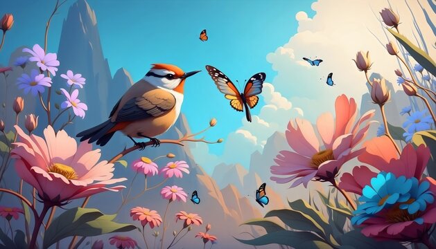 Watercolor painting of a bird on a branch and flaying butterflies around wild flowers , cartoon illustration background 