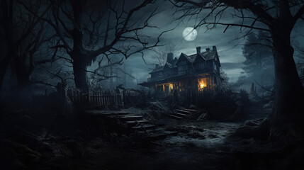 Fototapeta na wymiar Haunted House with Full Moon in Spooky Forest