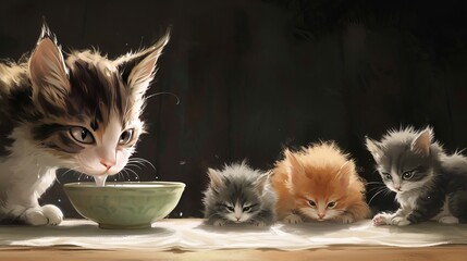 The cat drinks milk from its own bowl with its kittens - obrazy, fototapety, plakaty