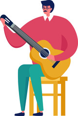 Male musician playing acoustic guitar sitting on stool. Cartoon guitarist holding instrument and performing. Musician concept and creative hobbies vector illustration.