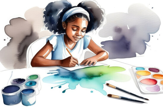 black girl drawing in album at table, watercolor illustration. creative hobby, doing homework