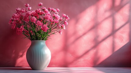  a white vase filled with pink flowers sitting on top of a table in front of a pink wall with a shadow of a window.