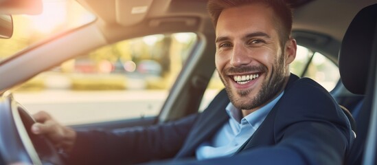 Smiling man in suit driving a car successfully.