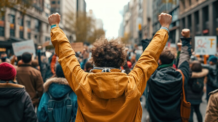 Protesting crowd of people walks down the street, shouting slogans and raising their fists in the air, back view - obrazy, fototapety, plakaty