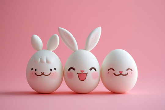 Three different funny painted Easter eggs with cute faces and bunny ears on empty pink background, symbol of happy Easter