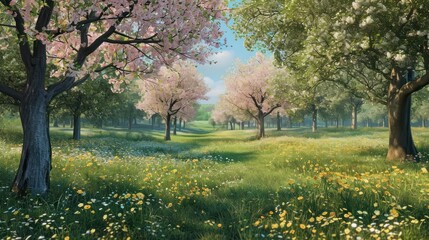  a painting of a grassy area with trees and flowers in the foreground and a blue sky in the background.