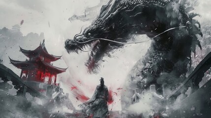 In a classic Chinese ink painting style, an ancient Chinese warrior battles a dragon. - obrazy, fototapety, plakaty