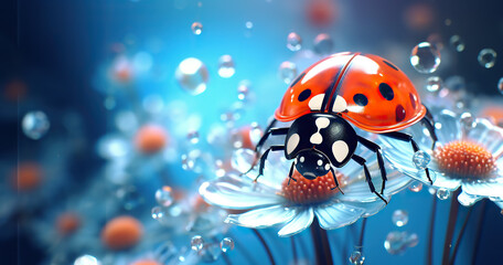Close up macro shot of lady bug in spring. Amazing colors of nature.