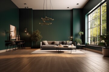 View from the side of a living room with a dark interior and an empty green wall, a large window, a sofa, a coffee table, and an oak hardwood floor. minimalistic style. Room for original thought