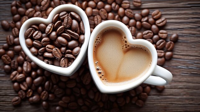 Two white coffee cups with a heart shape in the middle of a pile of coffee beans. The coffee beans are scattered around the cups, creating a cozy and inviting atmosphere