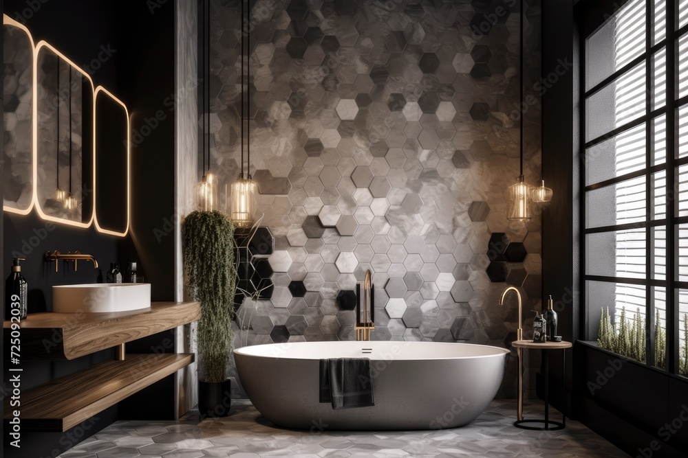 Poster an elegantly designed bathroom decor with tiles and lighting