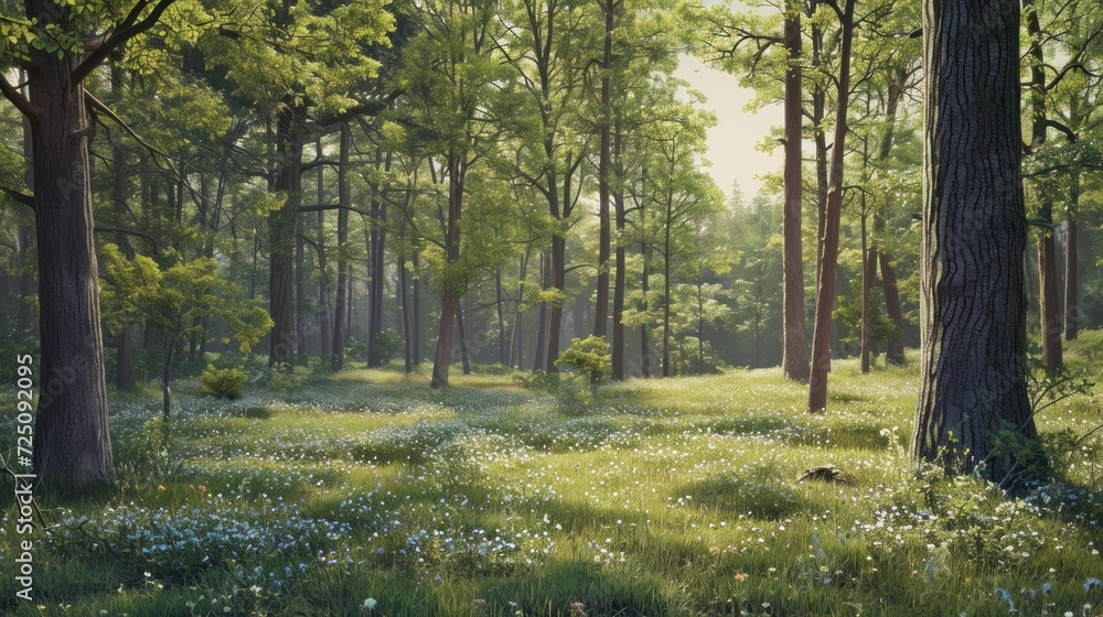 Sticker  a painting of a forest with trees and flowers in the foreground and grass on the ground in the foreground.