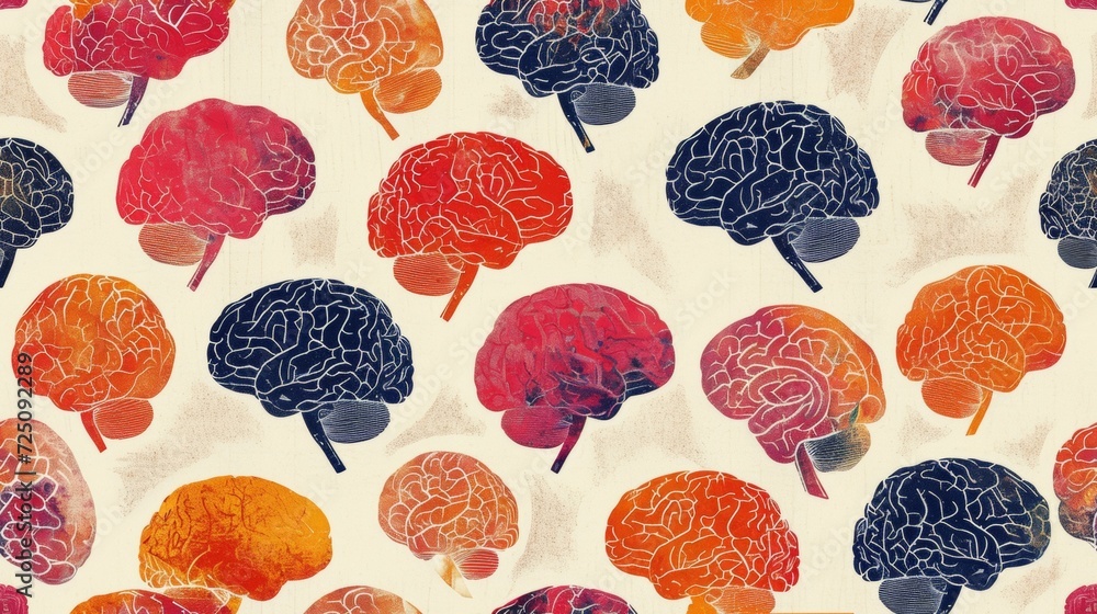 Poster a pattern of a colorful painting with many different colored brains, ai
