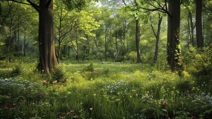  a forest filled with lots of tall trees and lots of green grass and wildflowers in the foreground.