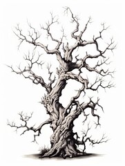Old oak tree on a white background. Black and white illustration.
