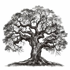 Old oak tree on a white background. Black and white illustration.