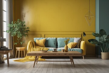 a living area with a yellow sofa and decorations against a mint wall