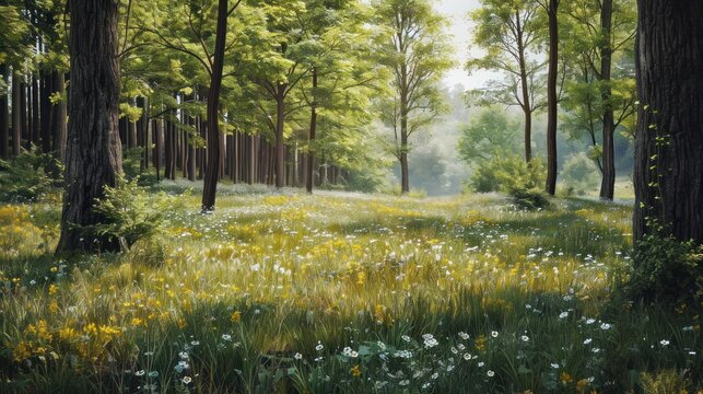  a painting of a forest filled with lots of trees and wildflowers in the foreground and a field of tall grass and yellow flowers in the foreground.