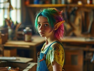 a girl with colorful hair and elf ears