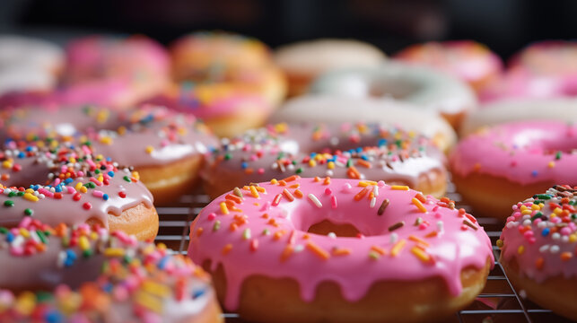 Tłusty Czwartek - pyszne r&oacute;żowe lukrowane pączki i oponki z marmoladą. Smakowity upieczony donut. Dużo kalorii czyli jedzenie słodkich wypiek&oacute;w z posypką