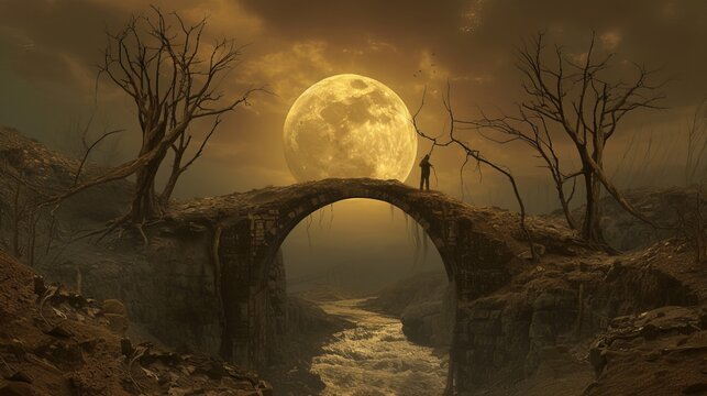 In an abandoned dry area, a creek rushes beneath a bridge that spans two parched trees. A man is staring at the moon from the bridge. It's nighttime since the sun is concealed by the moon.