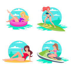 Set of women performing summer outdoor activities at beach. Girls in swimsuits sunbathing on beach. Beautiful young women enjoying summer