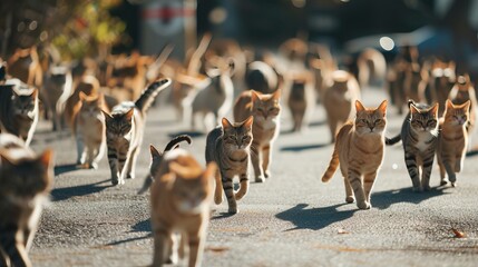 A group of cats crosses the street in a disciplined gait.