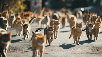 Fotobehang A group of cats crosses the street in a disciplined gait. © xelilinatiq
