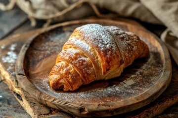 a croissant on a wooden plate