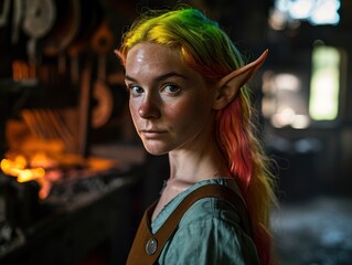 a woman with rainbow hair and ears