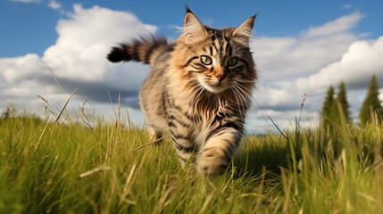 cat, American Bobtail running on a grass
