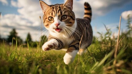 cat, American Wirehair running on a grass